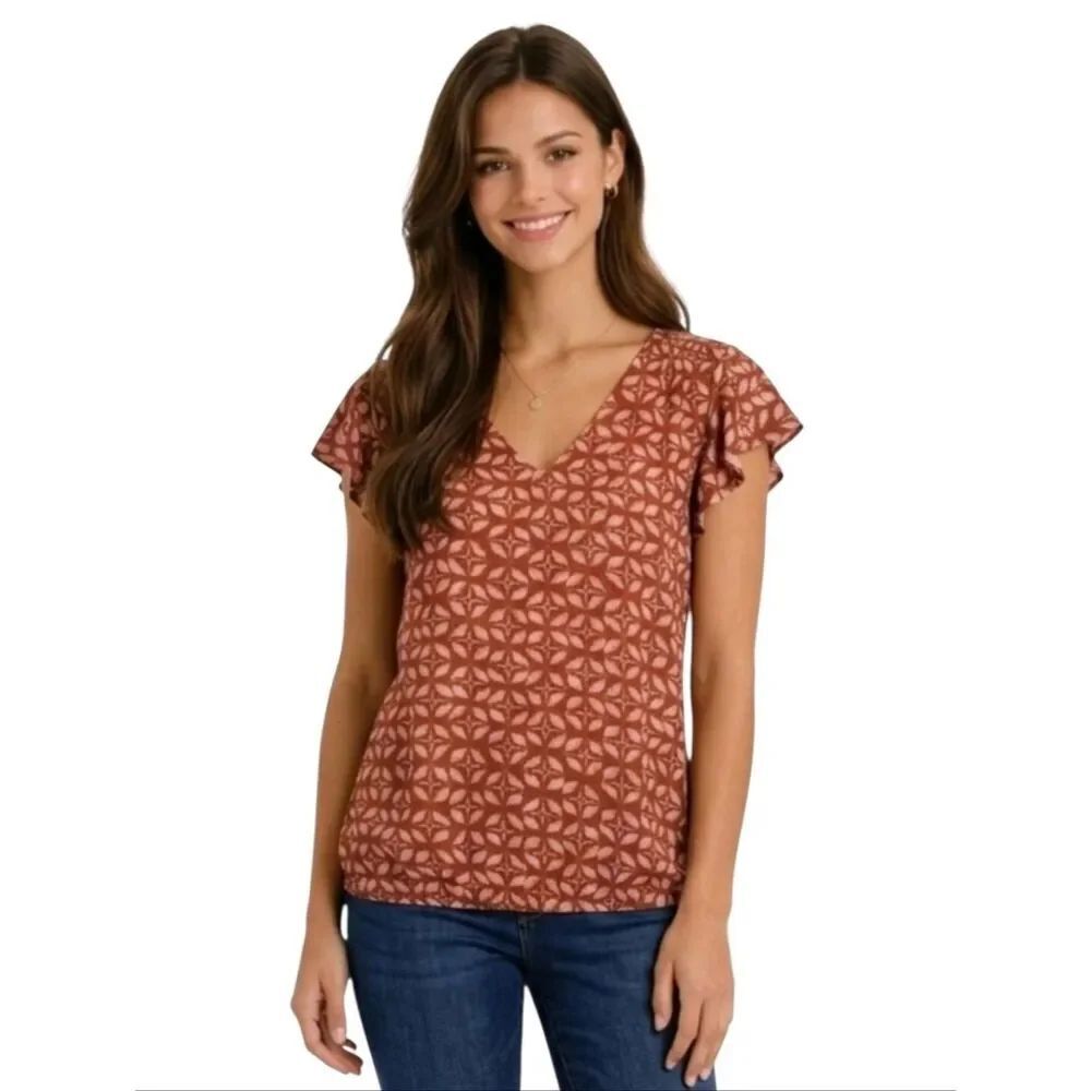Maurices Rust Mixed Print V-neck Smocked Shoulder Flutter Sleeve Blouse Size M